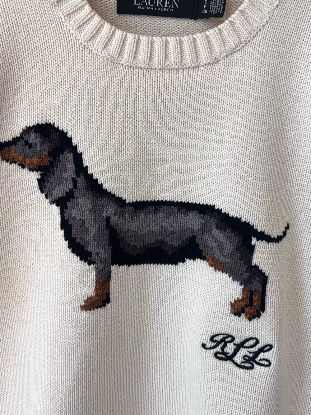 Lauren Ralph Lauren Intarsia Knit Dachshund Dog Cotton Sweater Size S Cream - Picture 5 of 12